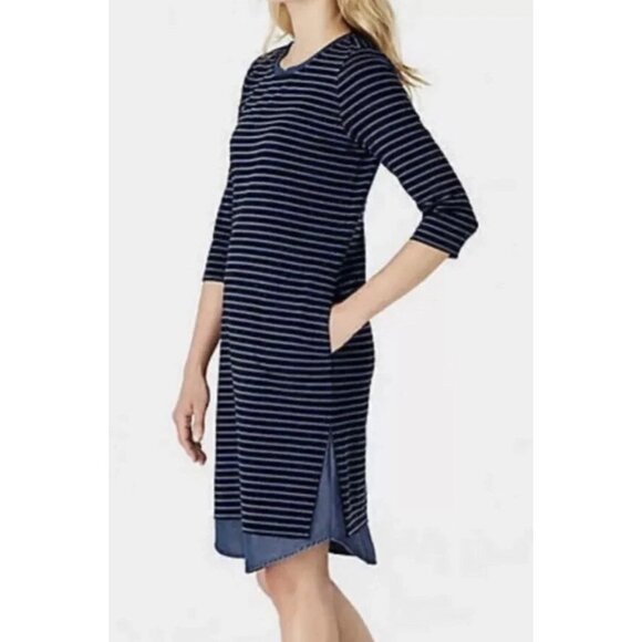 J. JIll Notched Neck Striped 3/4 Sleeve Casual Denim Lined Sheath Dress Sz Mediu - Picture 2 of 16